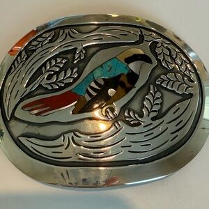 Tony Sanchez Handmade 1970s Belt Buckle — Bird Inlay, Turquoise & Coral